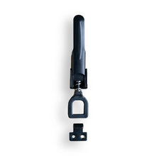 Black over centre latch with a bolt on straight catch plate, designed for securing loads, commonly used on tailgates and tray drop sides.