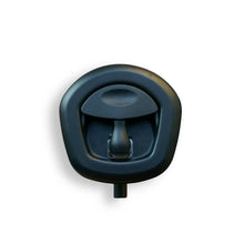 A black whale tail compression handle with a key cylinder, designed for securing toolboxes, canopies, and campers.