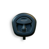 A black whale tail compression handle with a key cylinder, designed for securing toolboxes, canopies, and campers.